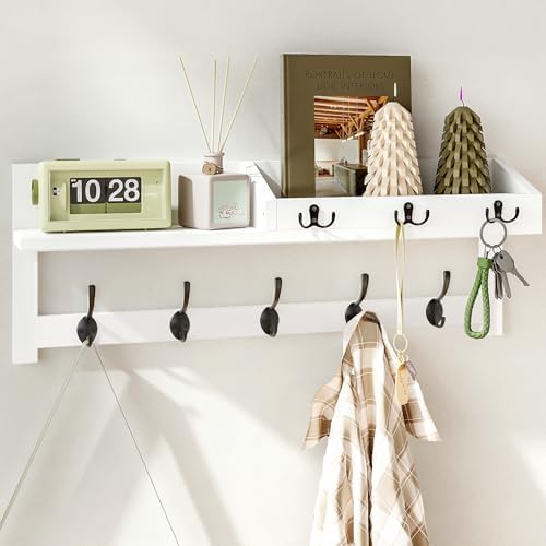 AMBIRD Wall Hooks with Shelf, 26.57 Inch Entryway Wood Coat Hooks for Wall, Coat Rack Wall Mount with 5 Dual Hooks 3 Key Hooks Mail Organizer and Key Rack Holder (White) by AMBIRD