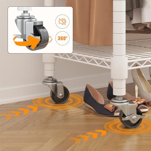 BATHWA Clothes Racks for Hanging Clothes, 25 mm tube Heavy Duty 47.3" W x 17.7" D x 80.7" H Large Wardrobe Rack with Shelves & Wheels Rolling Metal Commercial Multifuctional, White - Image 5