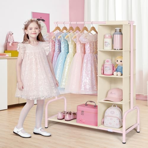 Univivi Kids Clothing Rack with Hanging Organizer, 43 Inch, Pink and Beige - Image 2