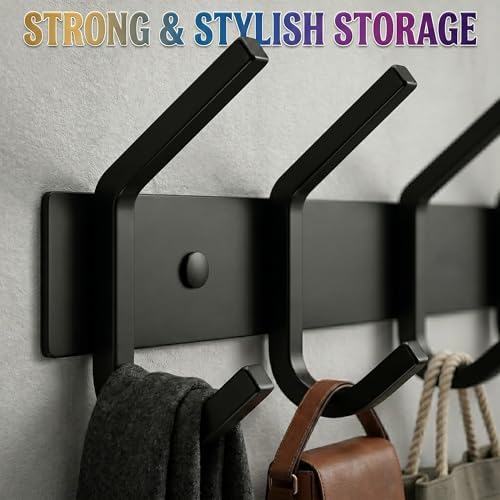 Coat Rack Wall Mount – 17 Inch Stainless Steel Hook Rail with 6 Double Coat Hooks for Hanging – Wall Mounted Entryway Organizer for Coats, Hats, Bags, Towels, Robes, Closet or Bathroom - Black 4 Pack - Image 4