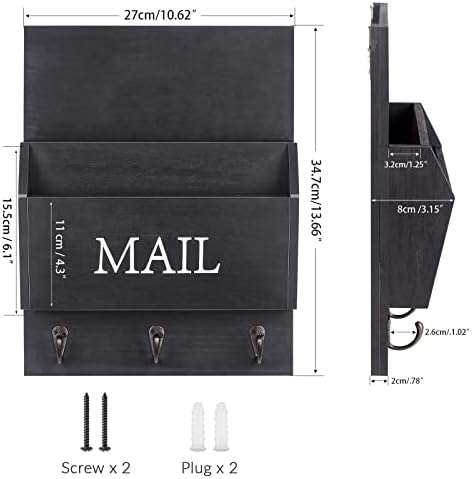 DLQuarts Solid Wood Mail Organizer with Key Holder for Wall, Mail Sorter Wall Mounted, Decorative Wooden Key and Mail Holder with 3 Hooks, Matte Black - Image 5