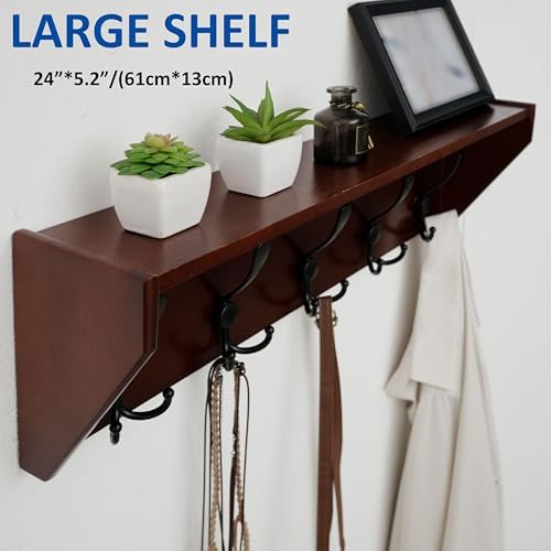 WEBI Coat Rack Wall Mount with Shelf,24" Long Wall Shelf with Hooks Underneath,5 Triple Hooks for Entryway,Hallway,Bedroom,Cherry - Image 4