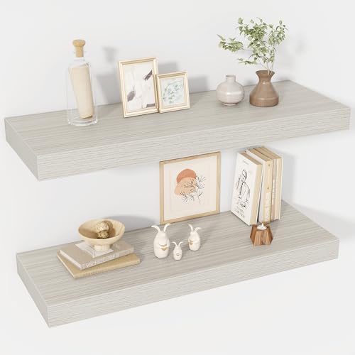 Acovy 30 Inch Floating Shelves, 12" Deep Floating Shelf Wall Mounted, 30" Wall Shelves, Rustic Deep Bookshelf, Extra Deeper & Thicker Display Shelves for Bedroom, Living Room, Gray, Set of 2 by Acovy