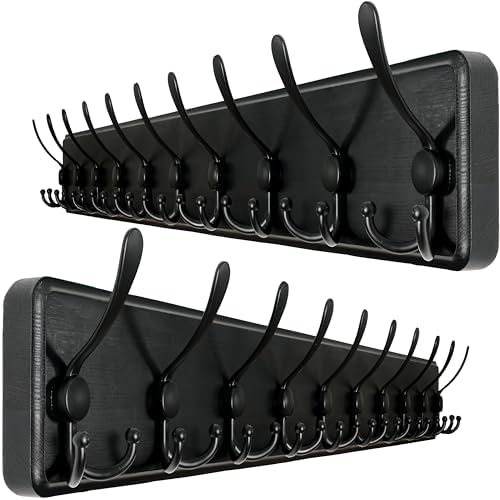 WEBI Coat Rack Wall Mount,38 9/16" Long,10 Tri Hooks for Hanging Coats,16" Hole to Hole,Wood Coat Hooks Wall Mounted,Wall Coat Hanger for Clothes,Jacket,Hats,Rustic Black,2 Packs by WEBI