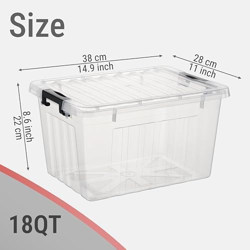 Cetomo Plastic Storage Bins, Lidded Storage Box with Strip for Home Office Dorm, Stackable, Clear, 18Quart-6 Pack - Image 4