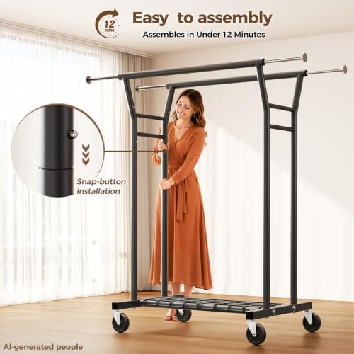 HYSEYY Heavy Duty Clothes Rack, Rolling Clothing Rack for Hanging Clothes with Shelves Load 700LBS,Portable Garment Wardrobe Closet Rack with Wheels for Bedroom,Laundry Room,Retail Store,Black - Image 6