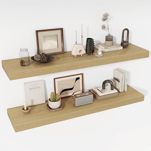 Acovy 48 Inch Floating Shelves, 12" Deep Floating Shelf Wall Mounted, 48" Wall Shelves, Rustic Deep Bookshelf, Extra Deeper & Thicker Display Shelves for Bedroom, Living Room, Oak, Set of 2 by Acovy