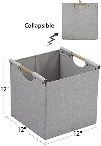 HOONEX Collapsible Storage Bins, 12x12x12in Storage Cubes Linen Fabric, 3 Pack, Storage Baskets with Wooden Carry Handles and Sturdy Heavy Cardboard, for Home, Office, Car, Nursery, Light Grey - Image 7