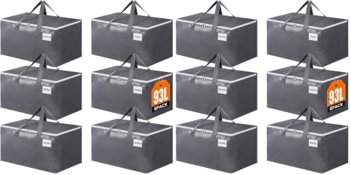 BlissTotes Large Moving Bags, Storage Bags with Zippers, Handles Moving Supplies with lids, Heavy Duty Totes for Storage Bags for Space Saving, Moving and Storing 93L, 12 Pack by BlissTotes