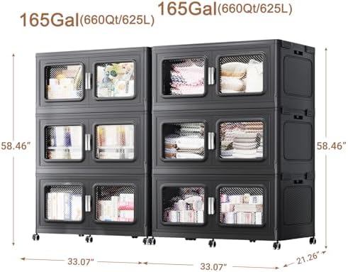 BROVIEW 330Gal Storage Bins, 1320Qt Extra Large Stackable Storage Box with Lids & Wheels - Heavy Duty Collapsible Plastic Cabinets, Open Front Door for Sundries in Home & Office, Black 6 Pack - Image 2