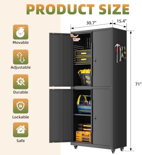 71''H Garage Storage Cabinet with Wheels, Meatl Storage Cabinet with Lock - Image 3