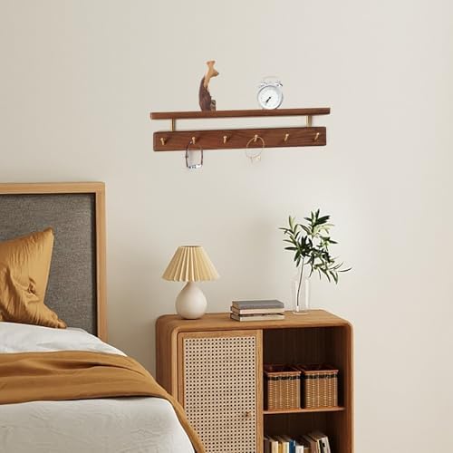 Solid Wood Shelf with Hooks, 19 inch Coat Rack Wall Mount, Shelves with 6 Brass Hooks for Hanging in Entryway, Living Room, Bathroom, Bedroom, Kitchen(Walnut) - Image 5