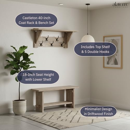 Alaterre Bethel Rustic Solid Wood Bench & Wall Mounted Coat Rack, Driftwood - Image 4