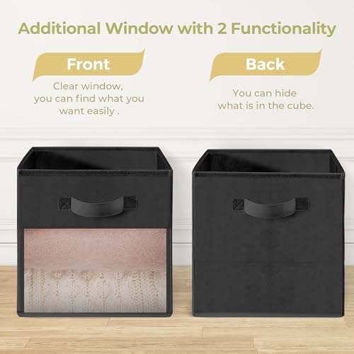 Storage Bins with Clear Window, 13x13 Storage Cubes, Collapsible Cube Storage Box, Fabric Closet Organizers with Handles for Home, Office, Shelf, Closets, Living Room, Black, 12 Pack - Image 2