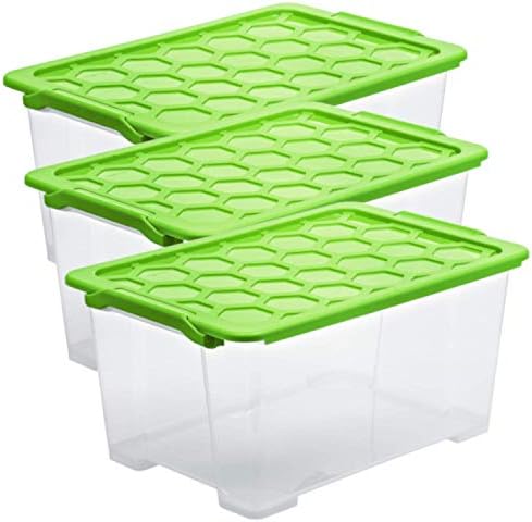 Rotho Evo Safe Keeping Set of 3 Storage boxes with lid 40 l, Plastic (PP) BPA-free, green/transparent, 3 x 44l (59,0 x 39,5 x 28,0 cm) by Rotho