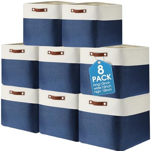 Uiifan 8 Pack 12 x 12 x 12 Inch Large Storage Baskets Collapsible Fabric Storage Cubes Bins with Handles for Shelves Closets Nursery Home Clothes Toys Organizers, Blue by Uiifan