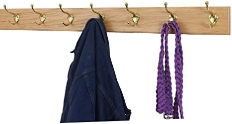 Solid Oak Coat Rack with Solid Brass Hat and Coat Style Hooks - Made in The USA (Natural, 36" x 3.5 with 7 Hooks) - Image 2