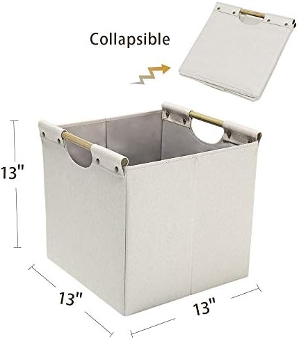 HOONEX Collapsible Storage Bins, 13x13x13in Storage Cubes Linen Fabric, 3 Pack, Storage Baskets with Wooden Carry Handles and Sturdy Heavy Cardboard, for Home, Office, Car, Nursery, Beige - Image 5