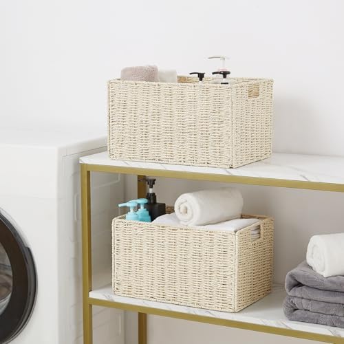 Vagusicc Wicker Storage Basket, Set of 2 Hand-Woven Paper Rope Wicker Basket, Small Storage Baskets for Organizing Toilet Paper Basket, Foldable Large Cube Storage Organizer Bins for Shelves (Beige) - Image 7