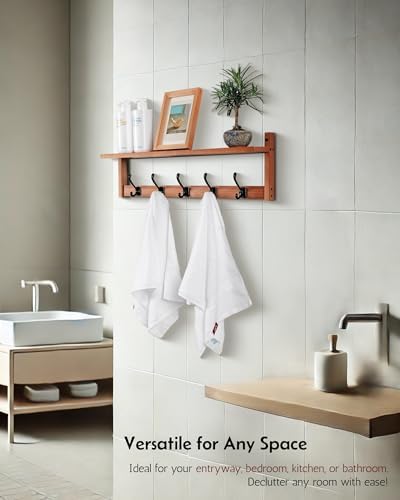 Coat Rack Wall Mount with Shelf, 26IN Wooden Coat Hanger Hooks Wall Mount with 5 Metal Hooks, Hanging Shelf with Hooks, Wood - Image 4