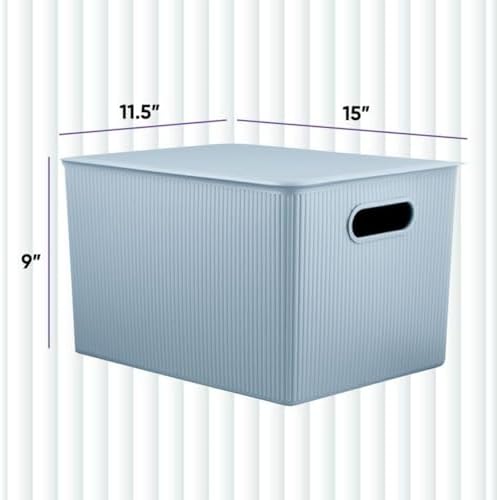 Superio Ribbed Collection - Decorative Plastic Basket Open Home Storage Bins Organizer, Blue Containers for Organizing Closet Storage Bins for Shelves (Bin with Lid- Extra Large (22 Liter), 2 Pack) - Image 2