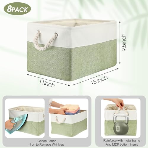 meekoo 8 Pack Fabric Storage Bins Baskets, 15 x 11 x 9.5 in, Green White - Image 3