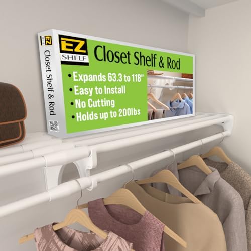 EZ SHELF - Hanging Shelf - Closet Rod - Expands 63.3-118” - White, Closet Shelves - Strong, Holds 200 lbs - DIY, Easy Install - to 2 Side Walls - Alternative to Wire Shelving by EZSHELF