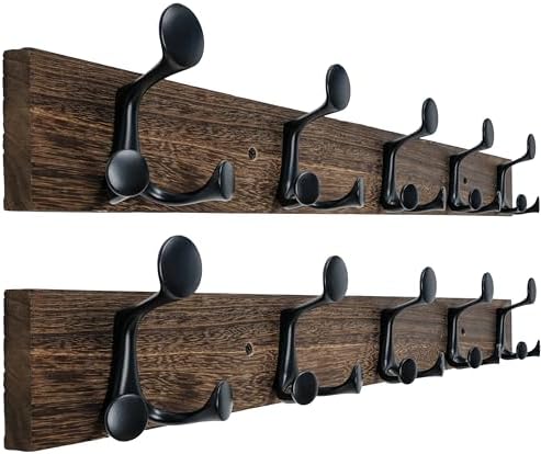 WEBI Coat Rack Wall Mount,30" Solid Wood Coat Hooks Wall Mounted Coat Hanger,16" Hole to Hole,Heavy Duty Hook Rack Rail,5 Triple Hooks for Hanging Coats,Jacket,Clothes,Hat,Weathered Brown,2 Packs by WEBI