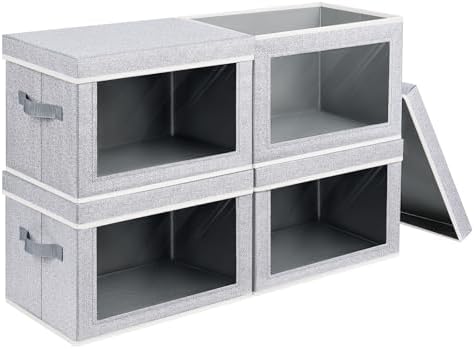 Homsorout Storage Boxes with Lids - 4 Pack Fabric Clear Window Storage Bins, Large Decorative Storage Bins with Handles, Linen Closet Organizer for Clothes, Towel, Blanket, Light Grey by Homsorout