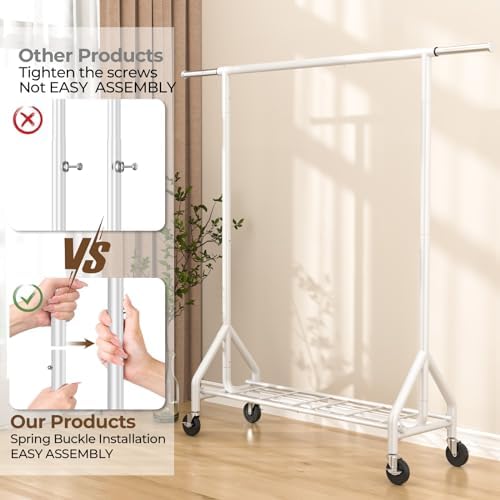 HYSEYY Heavy Duty Clothes Rack Load 450 LBS, Metal Garment Rack, Standing Rolling Clothing Rack for Hanging Clothes with Sturdy Wheels & Shelves, Portable Closet Wardrobe Rack,White - Image 7