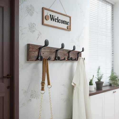 WEBI Coat Rack Wall Mount,24" Solid Wood Coat Hooks Wall Mounted Coat Hanger,16" Hole to Hole,Heavy Duty Hook Rack Rail,4 Triple Hooks for Hanging Coats,Jacket,Clothes,Hat,Backpack,Weathered Brown - Image 2