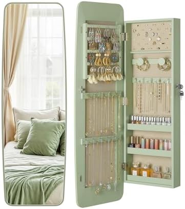 Nicetree Rounded Mirror Jewelry Cabinet, Lockable, Wall Mounted, Green by Nicetree