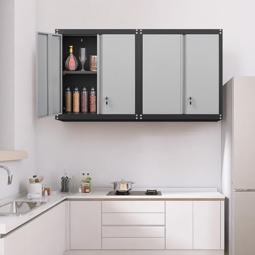 GREATMEET Lockable Storage Cabinet, Metal Garage Storage Cabinets, Metal Wall Cabinet for Garage, Wall Mount Cabinet with Lock and Adjustable Shelf, Floating, Black&Grey - Image 2