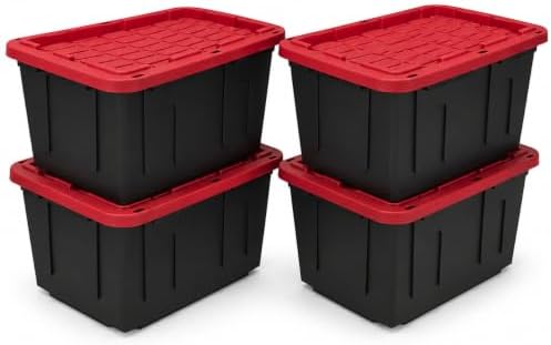 4-Pack 27 Gallon Heavy Duty Storage Bins Durable Polypropylene Plastic with Snap Lock Lids Stackable Large Capacity Organizers Garage Basement Multi-Purpose Storage Containers Black and Red by Unknown