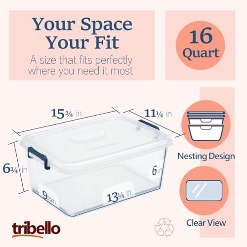 Tribello Clear Storage Bins with Lids, 6-Pack Stackable Plastic Storage Containers for Home Organization – Totes for Closet and Underbed Storage, 16 Quarts - Image 2