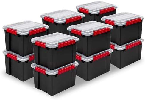 Sterilite 12 Pack Gasket Box, Stackable Plastic 8.5 Gallon Storage Container with Lids, Black - Waterproof and Dustproof Tote for Home Organization by Sterilite