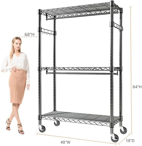 M MZG Heavy Duty Rolling Garment Rack 3 Tiers Adjustable Wire Shelving Clothes Rack with 2 Rods and Side Hooks, Storage Closet Clothing Rack with Wheels Black 17.7" D x 47.2" W x 83.6" H - Image 4