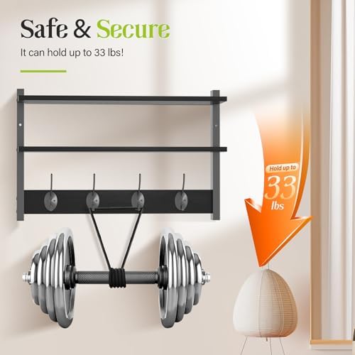 2 Tier Coat Rack Wall Mount with Shelf, 33" Wall Shelf with Hooks, Entryway Key Holder for Wall with 8 Heavy Duty Double Hooks, Coat Hook Wall Mounted for Bedroom, Living Room, Black - Image 5