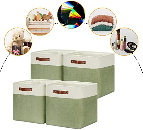 DULLEMELO Storage Baskets for Organizing, Linen Closet Organizers and Storage Baskets for Dog Box, 13 Inch Decorative Cube Storage Bins with handle for Gift Basket(4 Pack - 13" White&Green) - Image 2