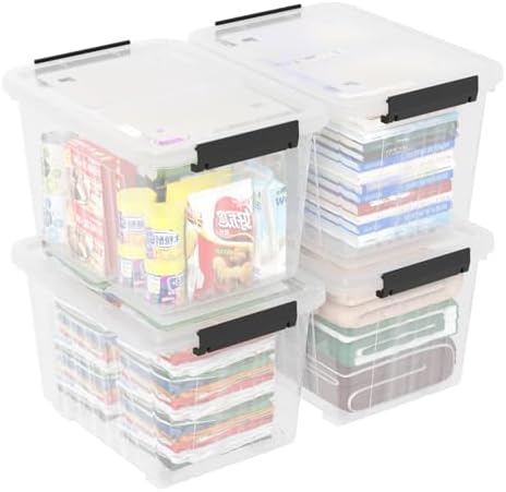 30 Quart Clear Storage Latch Bins, Large Plastic Storage Box with Wheels, 4 Packs by Rinboat
