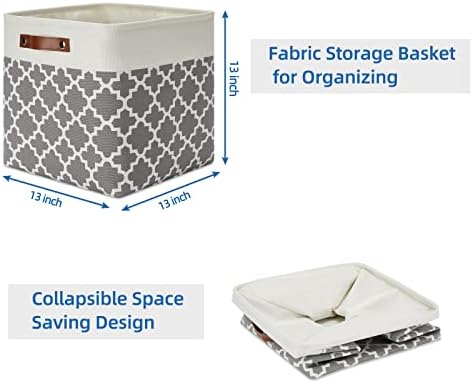 Temary 13ﾗ13ﾗ13 Foldable Storage Cube Baskets Fabric Cube Storage Basket for Organizing Cloth Storage Bins with Leather Handles for Gifts Empty, Closet (Grey Lattice) - Image 7