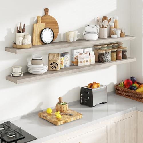 Acovy 72 Inch Floating Shelves, 8 Inch Deep Floating Shelves for Wall, Hanging Shelf with Invisible Brackets, Deep Shelves for Bathroom, Bedroom, Living Room, Grey, Set of 2 - Image 2