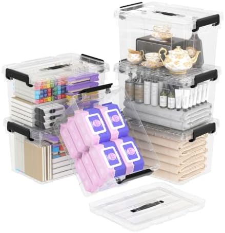 Cetomo 25Qt*4 Lidded Storage Bins, Stackable Plastic Bin with Handle, Storage Container with Secure Latching Buckles, Transparent, 25 Quart, Set of 6 by Cetomo