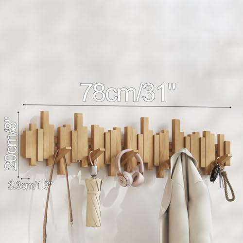 Wooden Coat Hooks Wood Wall Mounted Piano Coat Rack Flip Down Hook Rack Coat Rack Wall MountMulti Functional Space Saving Wall Organizer(Beech,78cm/31) - Image 2