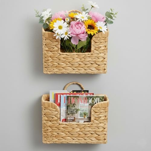 Set of 2 Water Hyacinth Hanging Baskets with Handle, Wall Baskets Storage, Wall Mounted Organizer, Magazine Holder Magazine Basket, Farmhouse Baskets for Flowers/Magazine/Fruit Storage - Image 3