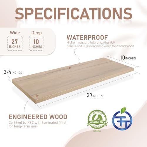 Kaboon 27 inch Long 10 inch Deep Floating Shelves for Wall Set of 2, Large Open Shelves Wall Mounted, Space Saving Home and Commercial Use, Oak/Grey Tone - Image 3