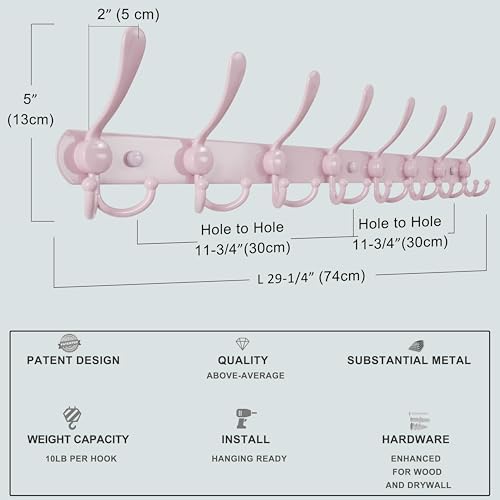 Dseap Coat Rack Wall Mount - 29.5” Long 8-Tri-Hooks Heavy Duty Coat Hanger Rail Wall Hooks for Hanging Coats Hats Clothing Clothes Purse Mudroom Entryway, Pink - Image 6