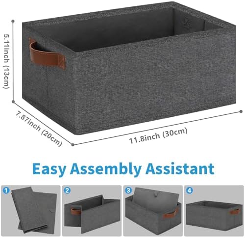 GhvyenntteS Small Fabric Storage Bins 12 Pack, 11.8" x 7.87" x 5.11" Storage Basket with Leather Handles, Closet Storage Bins for Shelves, Storage Baskets for Shelves, DVD Storage (Grey) - Image 2