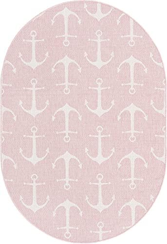 Unique Loom Outdoor Coastal Collection Area Rug - Ahoy (5' 3" x 7' 10" Oval, Pink/ Ivory) - Image 3