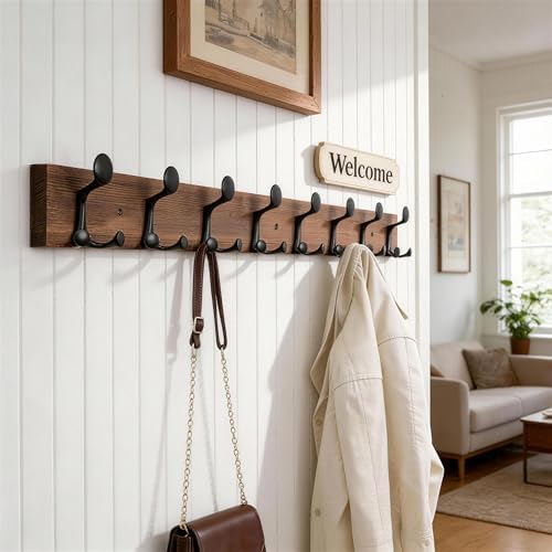 WEBI Coat Rack Wall Mount,43" Solid Wood Coat Hooks Wall Mounted Coat Hanger,16" Hole to Hole,Heavy Duty Hook Rack,8 Triple Hooks for Hanging Coats,Jacket,Hat,Backpack,Farmhouse,Brown,2 Packs - Image 2